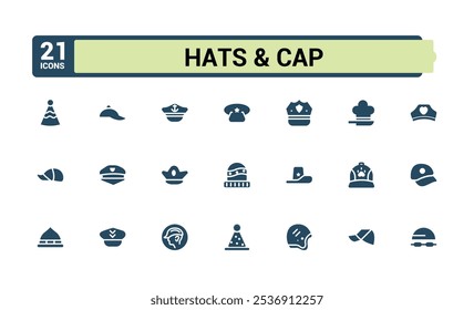 Hats And Cap icons in filled style. Featuring clothes, fashion, doodle, styles, head, female and more. Flat filled icons pack.