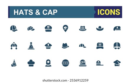 Hats And Cap icons in filled style. Featuring clothes, fashion, doodle, styles, head, female and more. Flat filled icons pack.