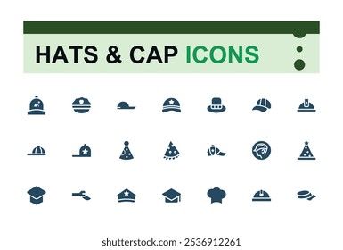 Hats And Cap icons in filled style. Featuring clothes, fashion, doodle, styles, head, female and more. Flat filled icons pack.