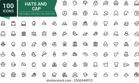 Hats and cap icons set. Including to beanie, bowler, sun visor, and cowboy. Pixel perfect, minimalistic outline icons collection. Editable vector illustration.