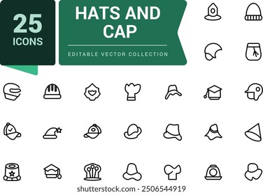 Hats and cap icons set. Including to beanie, bowler, sun visor, and cowboy. Pixel perfect, minimalistic outline icons collection. Editable vector illustration.