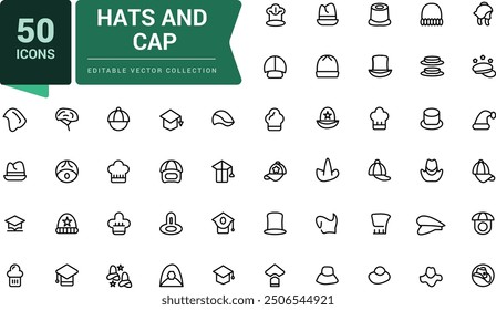 Hats and cap icons set. Including to beanie, bowler, sun visor, and cowboy. Pixel perfect, minimalistic outline icons collection. Editable vector illustration.