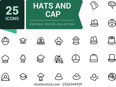 Hats and cap icons set. Including to beanie, bowler, sun visor, and cowboy. Pixel perfect, minimalistic outline icons collection. Editable vector illustration.