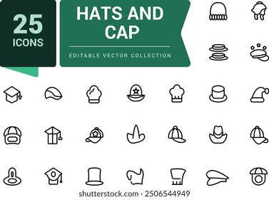 Hats and cap icons set. Including to beanie, bowler, sun visor, and cowboy. Pixel perfect, minimalistic outline icons collection. Editable vector illustration.