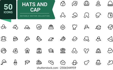 Hats and cap icons set. Including to beanie, bowler, sun visor, and cowboy. Pixel perfect, minimalistic outline icons collection. Editable vector illustration.