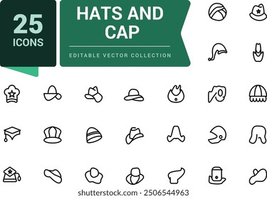 Hats and cap icons set. Including to beanie, bowler, sun visor, and cowboy. Pixel perfect, minimalistic outline icons collection. Editable vector illustration.