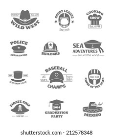 Hats and cap professions stamps set black isolated vector illustration