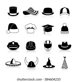 Hats and caps black icons set of motorcycle helmet bowler  baseball cap straw hat halloween and cowboy hats clown and winter sports caps isolated vector illustration   