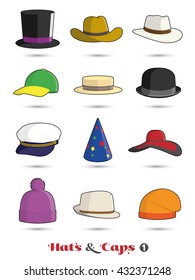 Hats and Caps Colorful Vector Icon Collection Part 1. Set of headgear symbols.