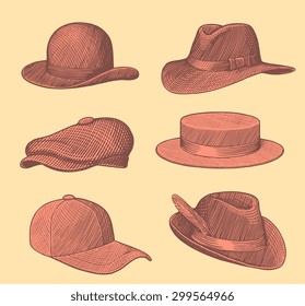 Hats and Caps. Design set 2. Hand drawn engraving. Vector illustration. 8 EPS