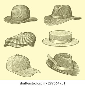 Hats and Caps. Design set 3. Hand drawn engraving. Vector illustration. 8 EPS