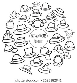 Hats and caps doodle illustration. Thin line art about clothes.