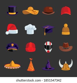 Hats and caps flat color icons set of sombrero bowler square academic hat baseball cap straw hat santa claus and clown caps isolated vector illustration
