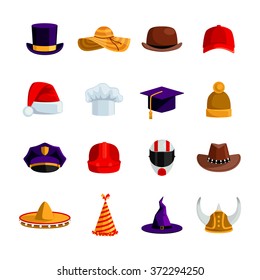 Hats and caps flat color icons set of sombrero bowler square academic hat baseball cap straw hat santa claus and clown caps isolated vector illustration   