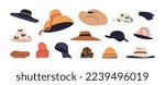 Hats, caps, panamas set. Knitted, straw, beach head wear, accessories designs. Different modern types of women and men headwears, headdresses. Flat vector illustrations isolated on white background