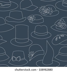 Hats and caps seamless pattern in navy blue, vector