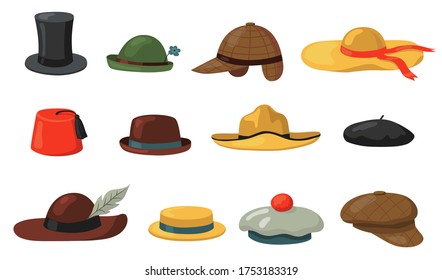 Hats and caps set. Clothes accessory for men and women, panama, vintage traditional headdress. Flat vector illustration for vintage fashion, headwear concept