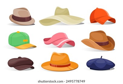 Hats and caps set. Items of clothing. Pink, green, brown and orange headdress. Aesthetics and elegance. Fashion, trend and style. Flat vector collection isolated on white background