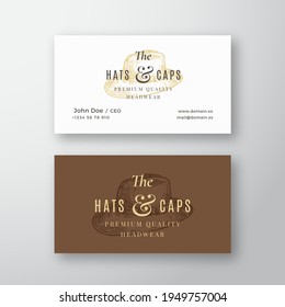 Hats and Caps Store Abstract Vector Logo and Business Card Template. Italian Hat Sketch Drawing with Retro Typography. Premium Quality Headwear Emblem Stationary. Isolated.