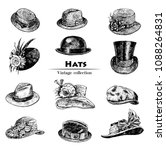 Hats collection, with Fedora, Homburg-hat, Bowler, cowboy, Porkpie, top, Boater, Campaign, Stingy Brim. Hand drawn vector Illustration. Set of men's and women's hats