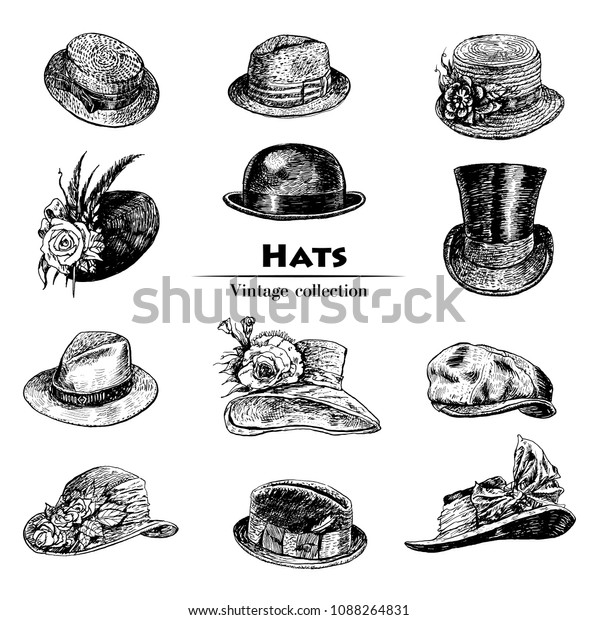Hats collection, with Fedora,\
Homburg-hat, Bowler, cowboy, Porkpie, top, Boater, Campaign, Stingy\
Brim. Hand drawn vector Illustration. Set of men\'s and women\'s\
hats