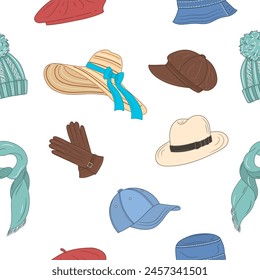 Colección de sombreros, fondo de patrón sin costura de Vector. Diferentes tipos de sombreros, gorra, panamá, boina francesa, sombrero de punto de invierno, sombrero de playa flexible, gorra de repartidor.