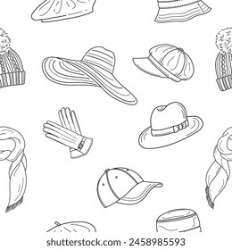 Hats collection, vector seamless pattern background. Different types of hats, cap, panama, french beret, knitted winter hat, floppy beach  hat, newsboy cap, vector line illustrations