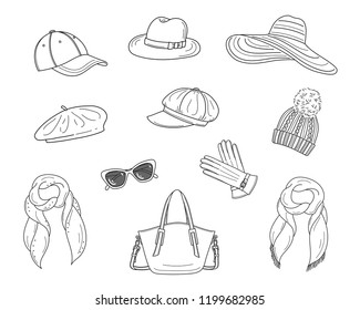 Hats collection, vector sketch illustration. Different types of hats, cap, panama, french beret, knitted winter hat, floppy beach  hat, newsboy cap isolated on white background.