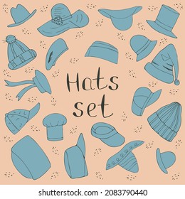 Hats collection, vector sketch illustration. Different types of blue hats.