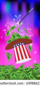 HATS WITH THE COLOR OF THE AMERICAN FLAG. PRESIDENTIAL HATS USA. MAGIC AND MIRACLE. AMERICAN DOLLARS, MONEY. PAPER AND GREEN GETTING STRAIGHT WIZARD. Vertical orientation of the sheet. Illustration 