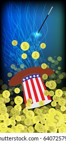 HATS WITH THE COLOR OF THE AMERICAN FLAG. PRESIDENTIAL HATS USA. MAGIC AND MIRACLE. AMERICAN DOLLARS, MONEY. IRON COINS. SHAKE THE WITCH MAGIC. Vertical orientation of the sheet. Illustration