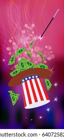HATS WITH THE COLOR OF THE AMERICAN FLAG. PRESIDENTIAL HATS USA. MAGIC AND MIRACLE. AMERICAN DOLLARS, MONEY. PAPER AND GREEN. Vertical orientation of the sheet. Illustration for your design.