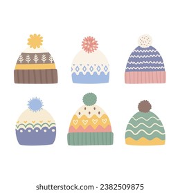 Hats with colored patterns and pompoms