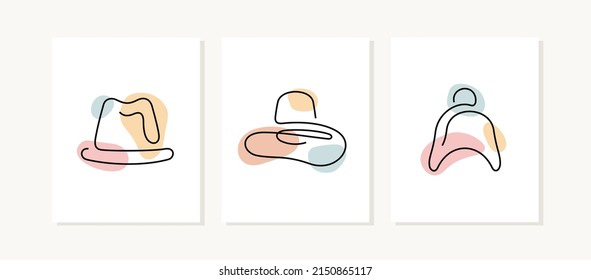 Hats continuous line posters. Fashion accessories pastel coloured illustrations.