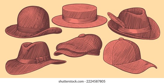 Hats. Design set. Editable hand drawn illustration. Vector vintage engraving. Isolated on light background. 8 eps