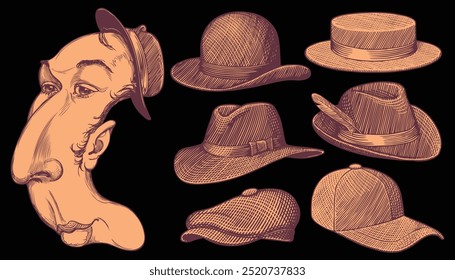 Hats. Design set. Editable hand drawn illustration. Vector vintage engraving. Isolated on black background. 8 EPS