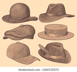 Hats. Design set. Hand drawn engraving. Editable vector vintage illustration. Isolated on light background. 8 EPS