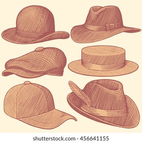 Hats. Design set. Hand drawn engraving. Vector vintage illustration. Isolated on color background. 8 EPS