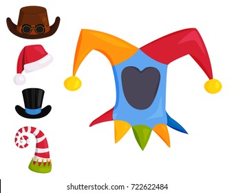 Hats different funny caps for party holidays and masquerade traditional headwear cartoon clothes accessory vector illustration.