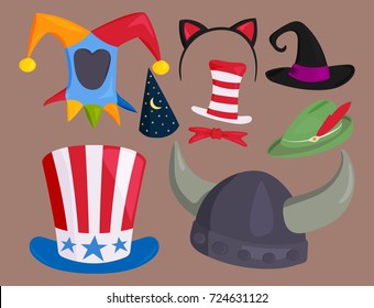 Hats different funny caps for party holidays and masquerade traditional headwear cartoon clothes accessory vector illustration.