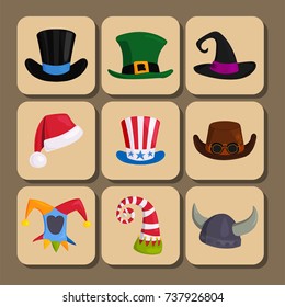 Hats different funny caps for party holidays and masquerade traditional headwear cartoon clothes accessory vector illustration.