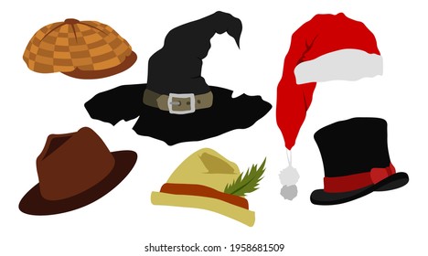 Hats different types Santa hat witch hat cap top hat vector flat illustrations