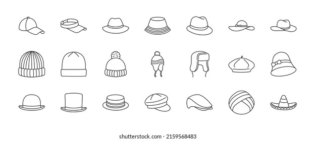 Ilustración del doodle de sombreros incluyendo íconos - vintage fedora, beanie, caballero bowler, gorra de béisbol, vizor de sol, boina, vaquero, balde, panama de verano. Arte de líneas delgadas sobre ropa. Stroke Editable