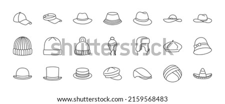 Hats doodle illustration including icons - vintage fedora, beanie, gentleman bowler, baseball cap, sun vizor, beret, cowboy, bucket, summer panama. Thin line art about clothes. Editable Stroke