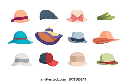 Hats. Fashioned head clothes summer caps and hats for woman garish vector illustrations collection isolated