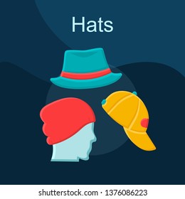 Hats flat concept vector icon. Mens headwear idea cartoon color illustrations set. Casual style outfit. Male accessories shop. Beanies, trilby and baseball caps. Isolated graphic design element