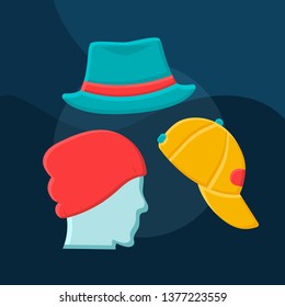 Hats flat concept vector icon. Mens headwear idea cartoon color illustrations set. Casual style outfit. Male accessories shop. Beanies, trilby and baseball caps. Isolated graphic design element