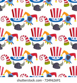 Hats funny caps for party holidays seamless pattern background masquerade traditional headwear clothes accessory vector illustration.