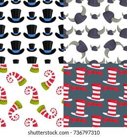 Hats funny caps for party holidays seamless pattern background masquerade traditional headwear clothes accessory vector illustration.