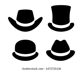 Hats graphic icons set. Cowboy hat, top hat, bowler hat, hat  black signs isolated on white background. Vector illustration